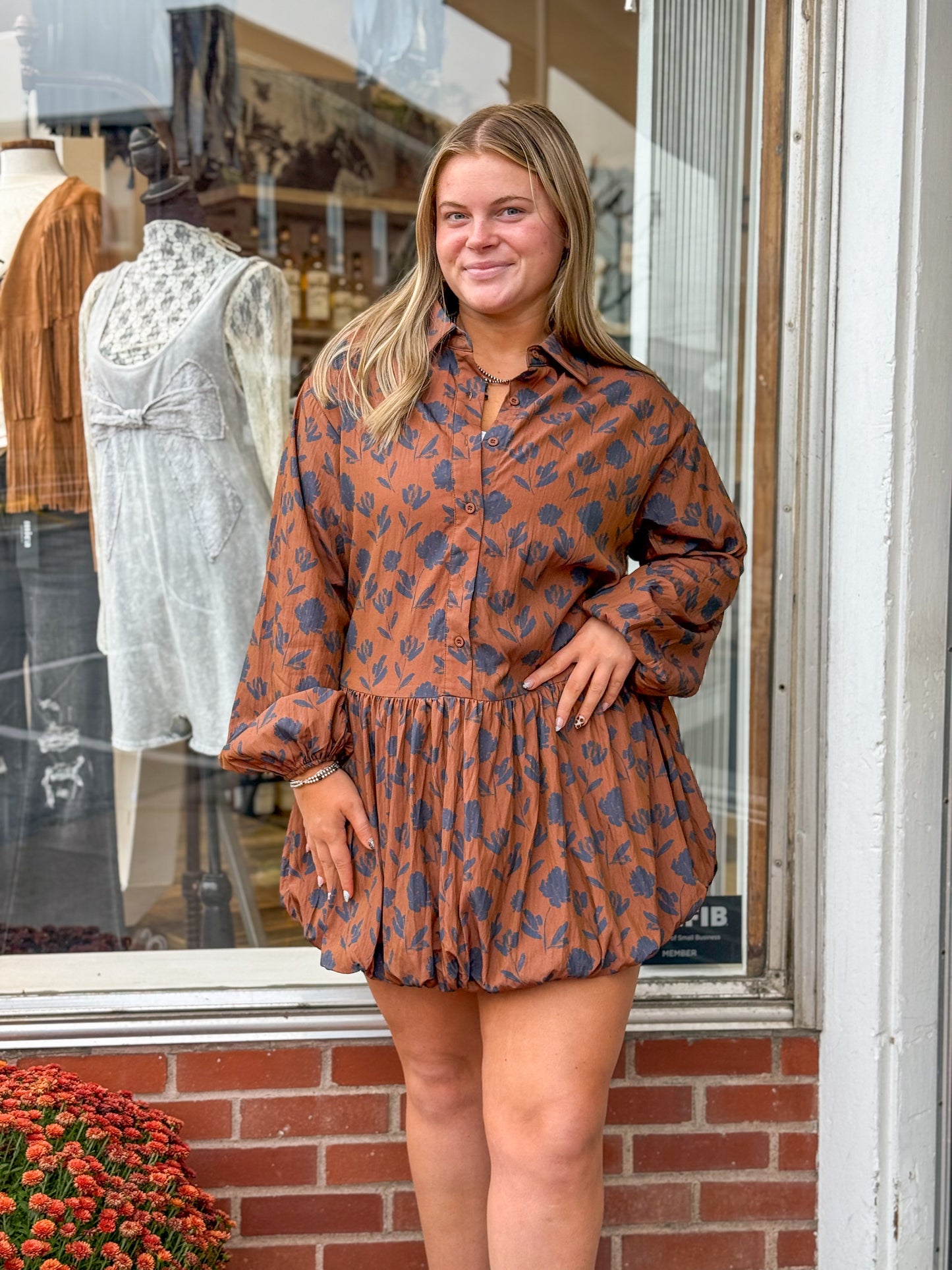 Floral Chestnut Long Sleeve Bubble Dress