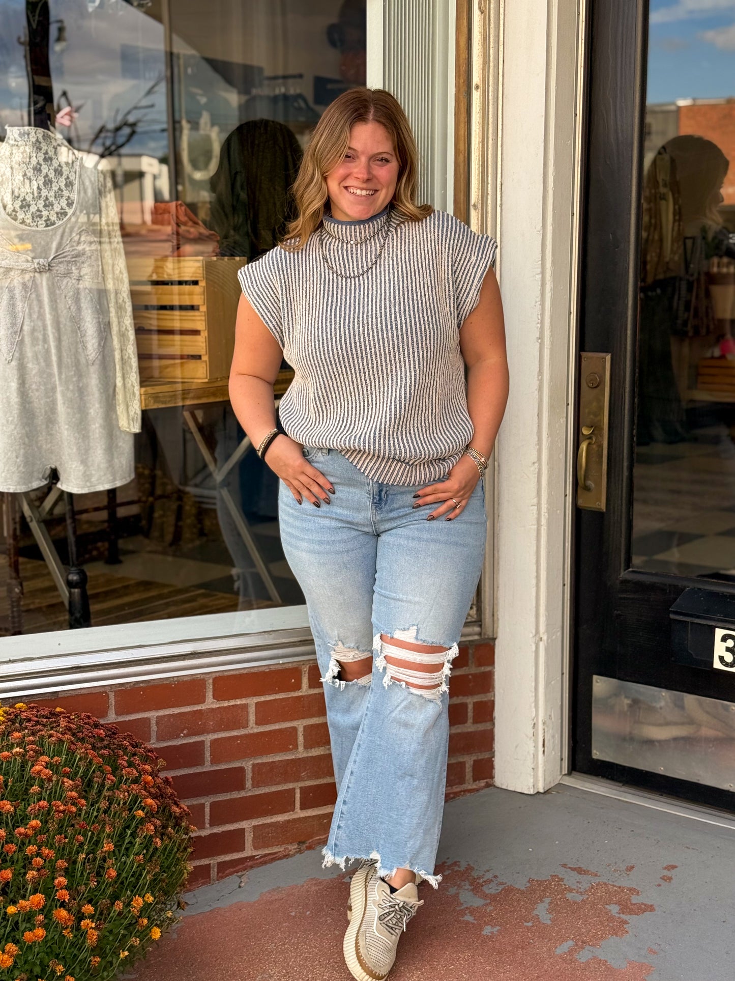 Blue Sleeveless Two Tone Knit Sweater Vest