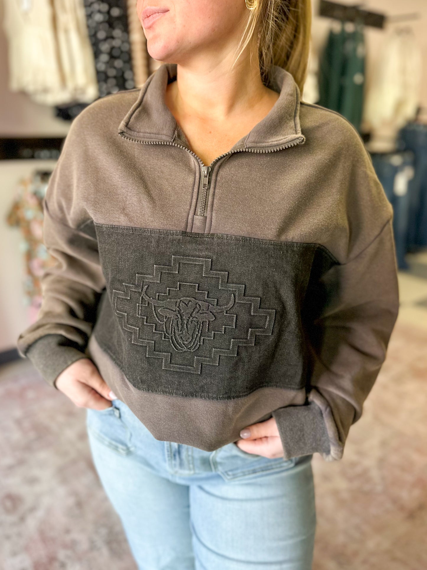 Double Take Stamped Quarter Zip in Dust