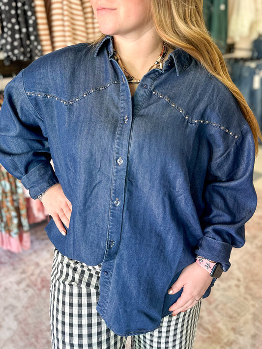 Studded Denim Long Sleeve Button Up Shirt