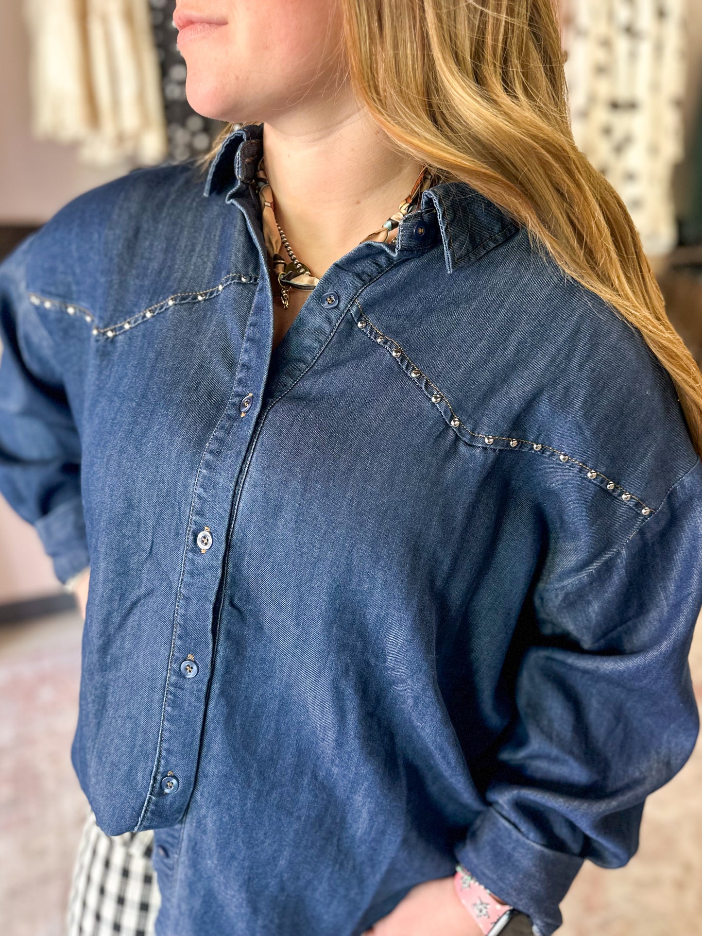 Studded Denim Long Sleeve Button Up Shirt