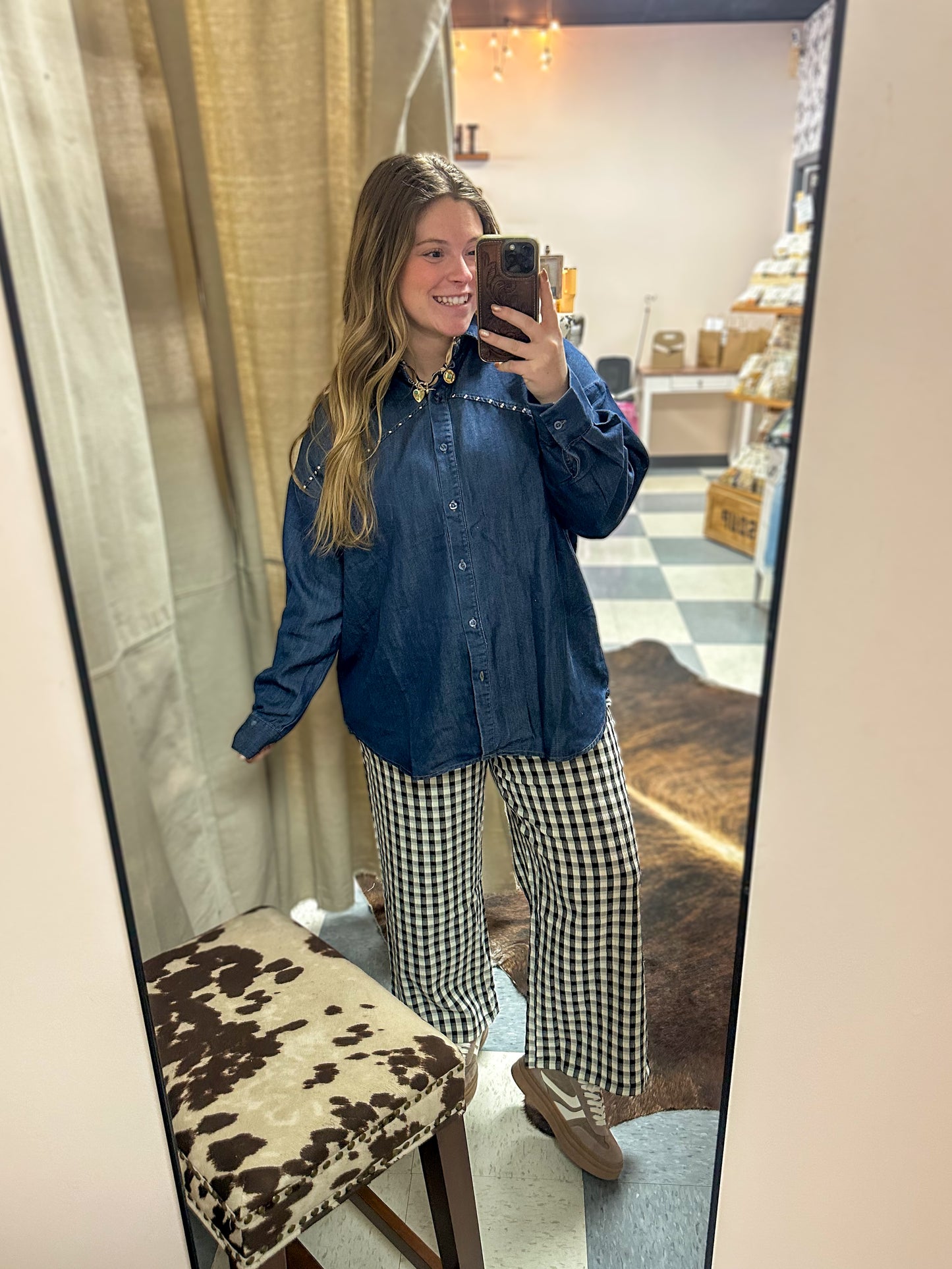 Studded Denim Long Sleeve Button Up Shirt