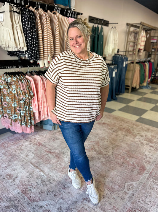 Mocha Stripe Boat Neck Box Tee