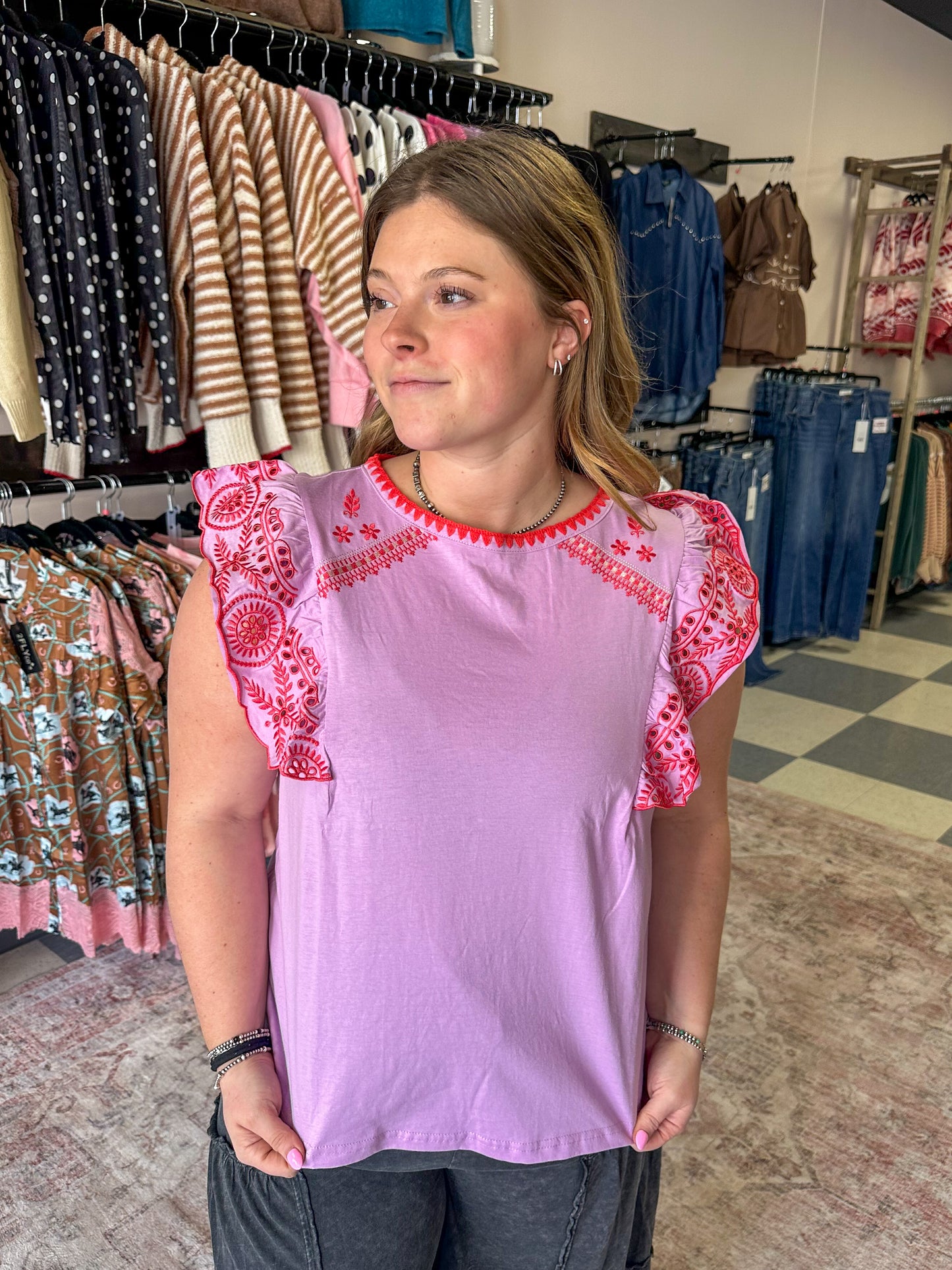 Lilac Floral Ruffle Sleeve Top