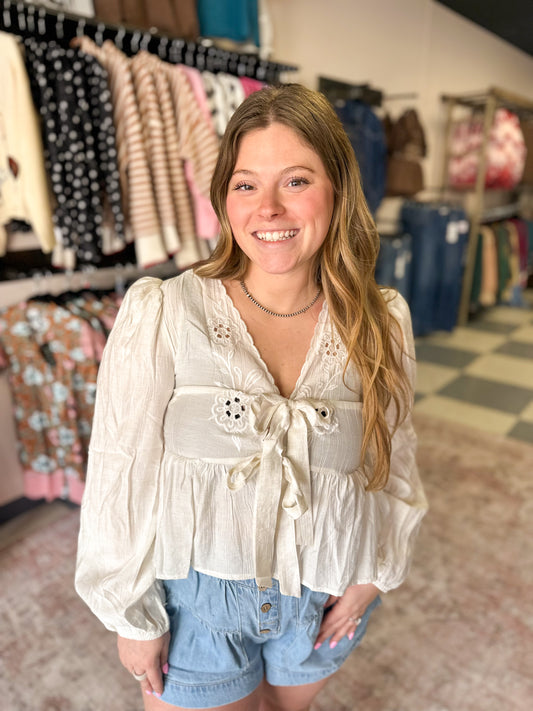 Floral Embroidery Front Tie Top