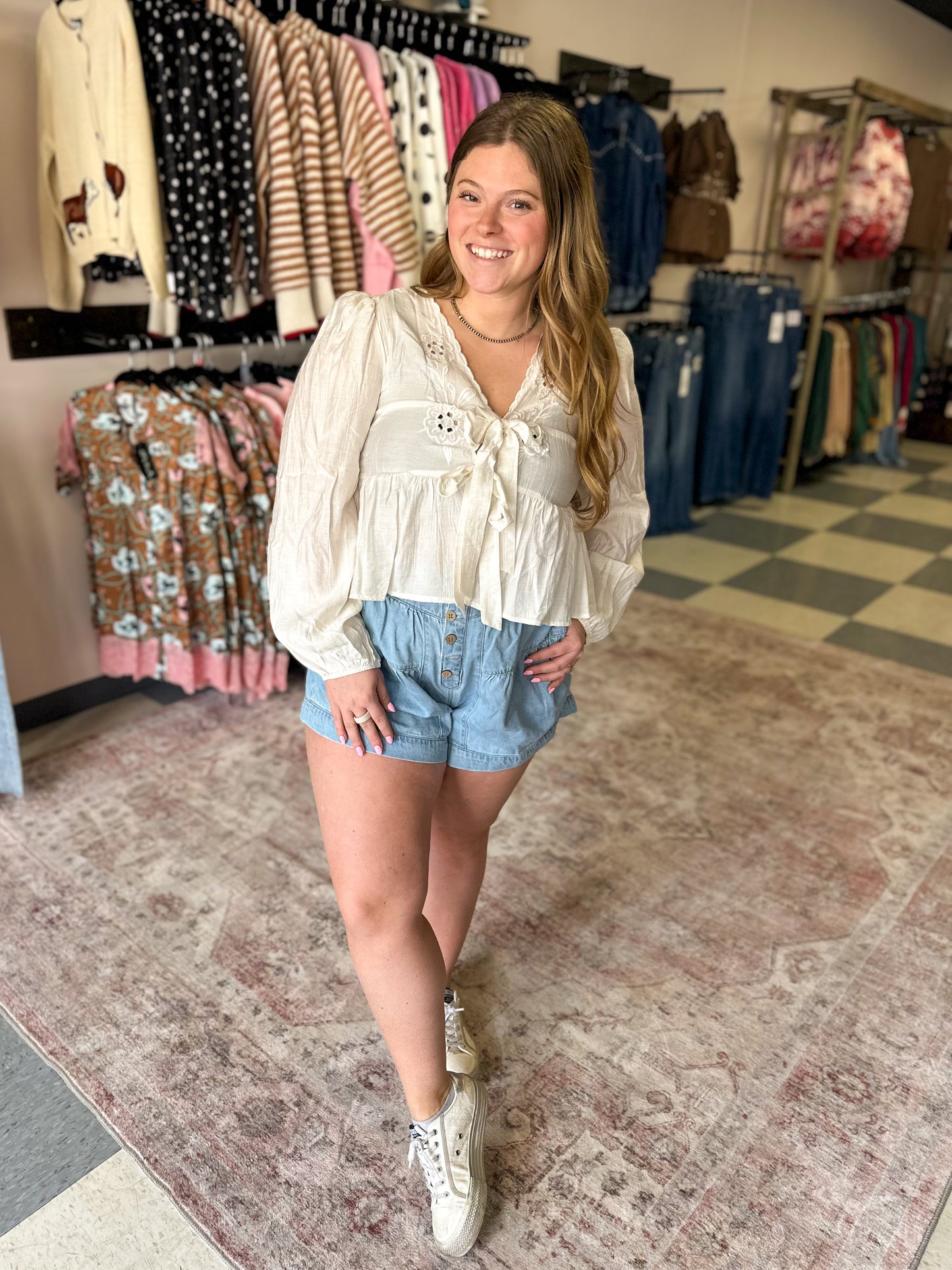 Floral Embroidery Front Tie Top