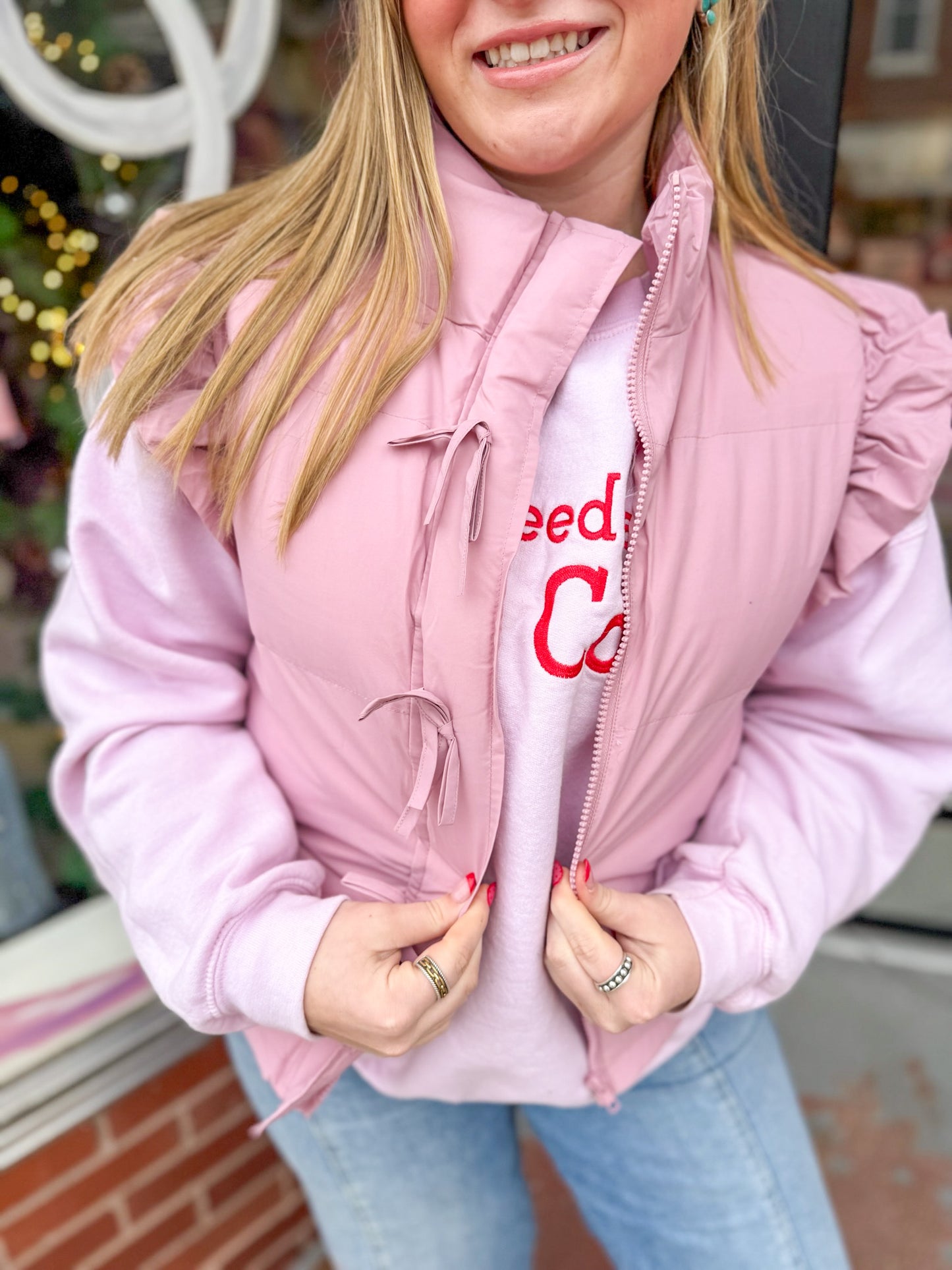 Pink Bow Ruffle Puffer Vest