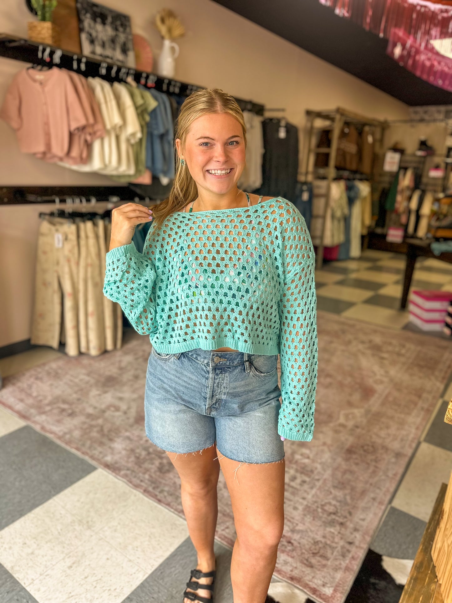 Aqua Crochet Long Sleeve Top