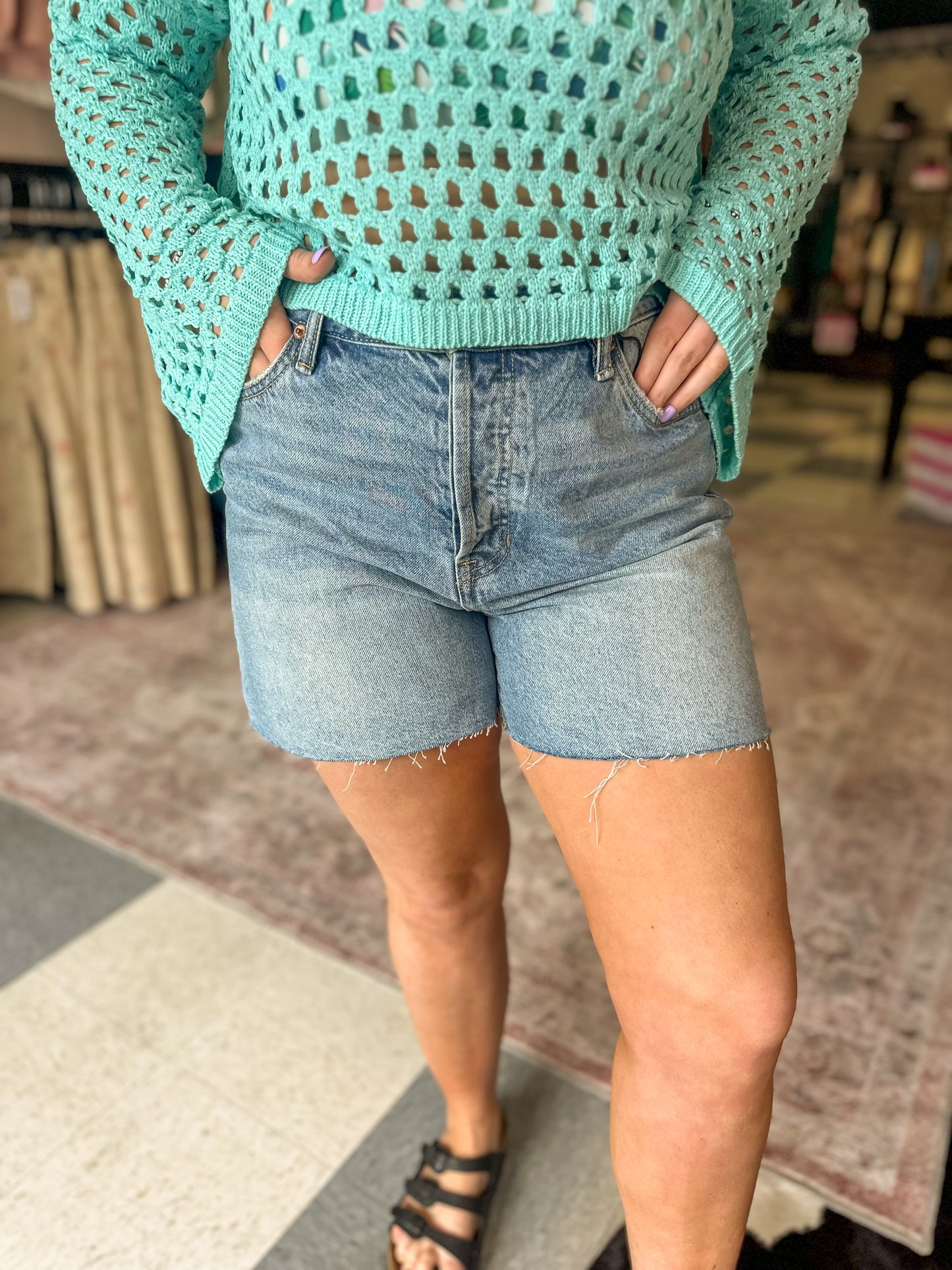 MICA: High-Rise Raw Hem Mom Shorts