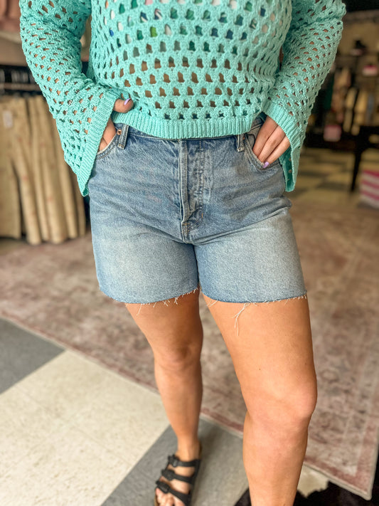 MICA: High-Rise Raw Hem Mom Shorts