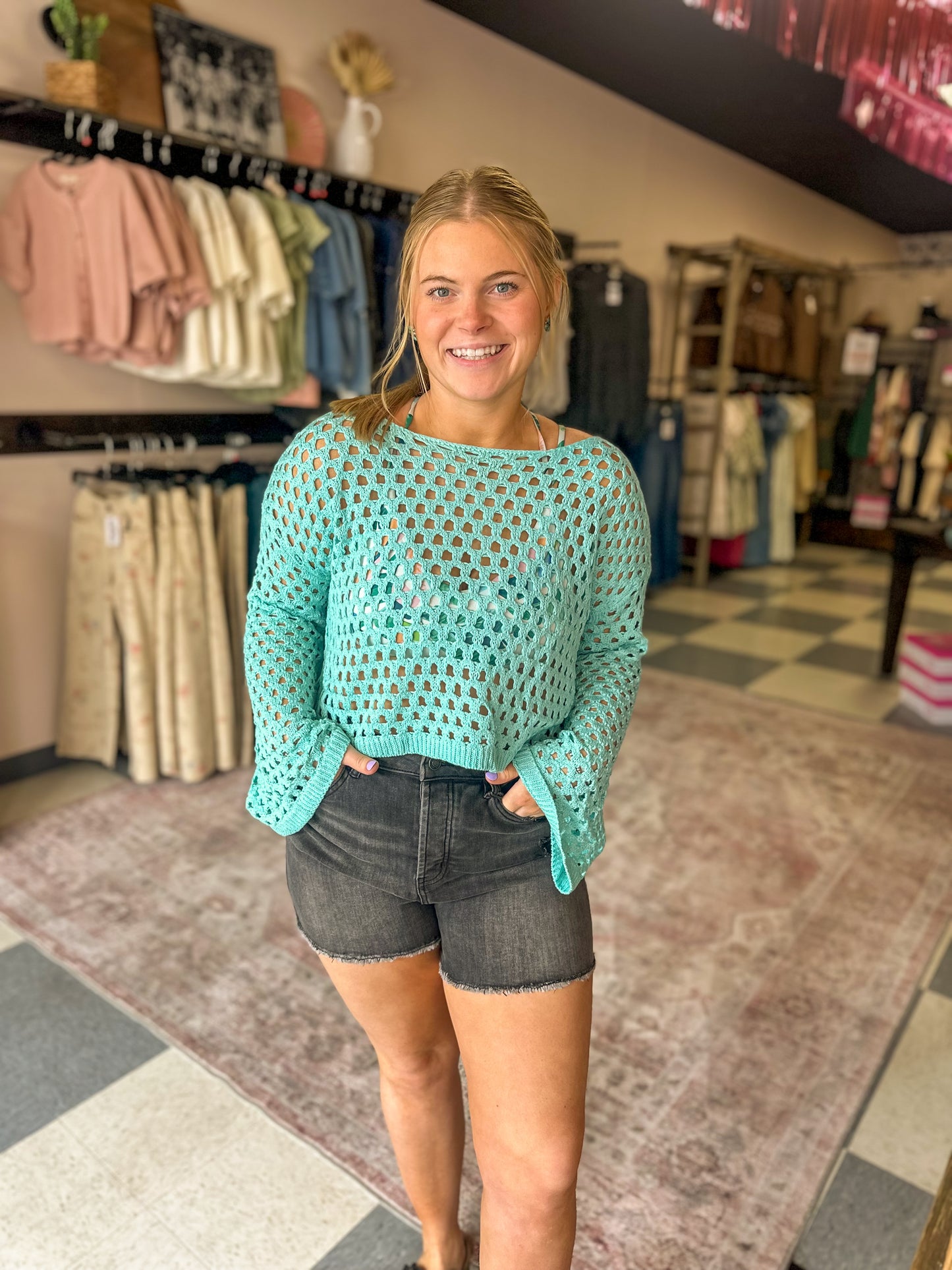 Aqua Crochet Long Sleeve Top