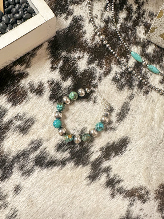 10 mm Sterling Silver Pearls and Turquoise Bracelet