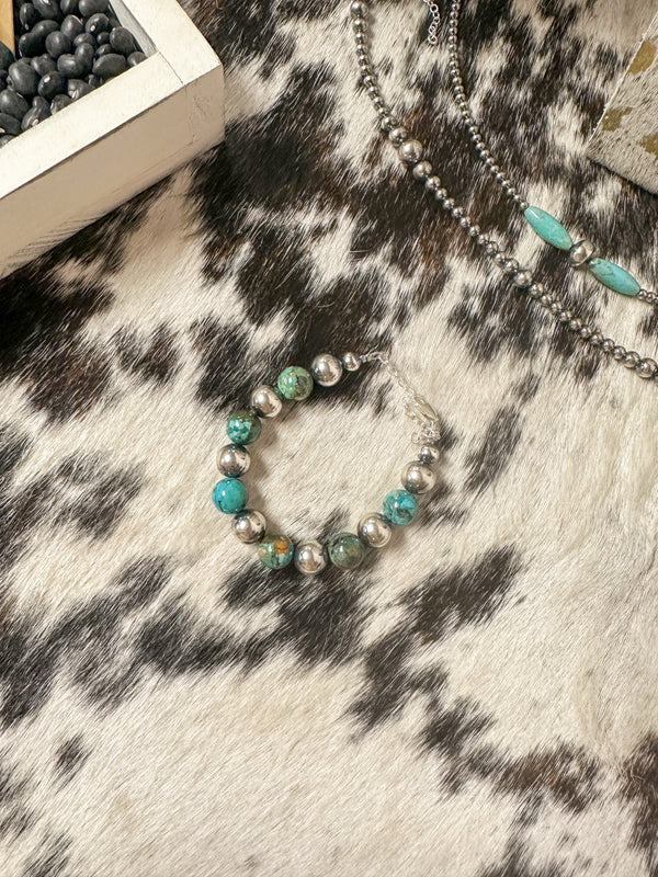 10 mm Sterling Silver Pearls and Turquoise Bracelet