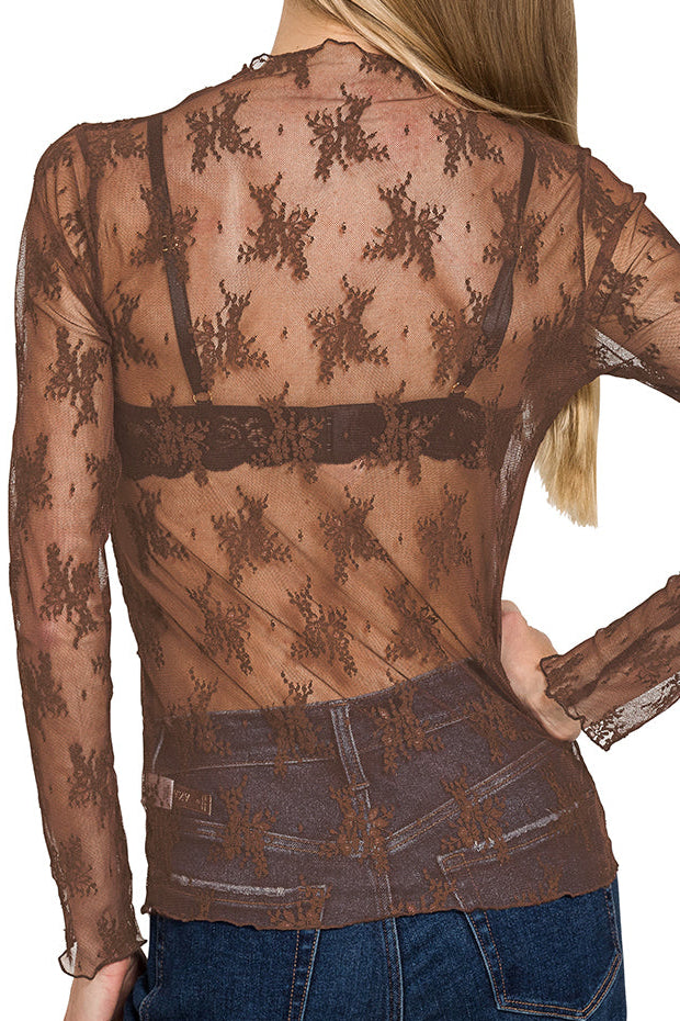 Brown Lace Mock Neck Long Sleeve Top