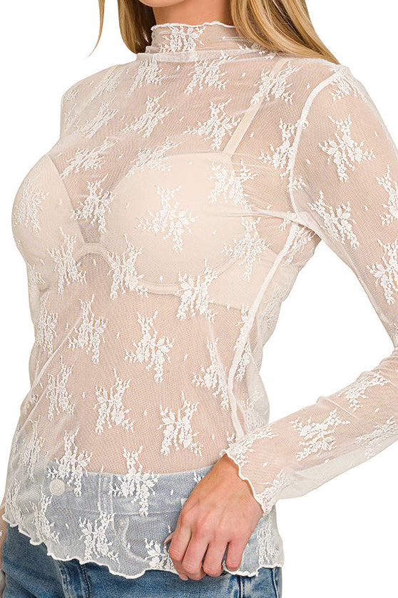 Ivory Lace Mock Neck Long Sleeve Top