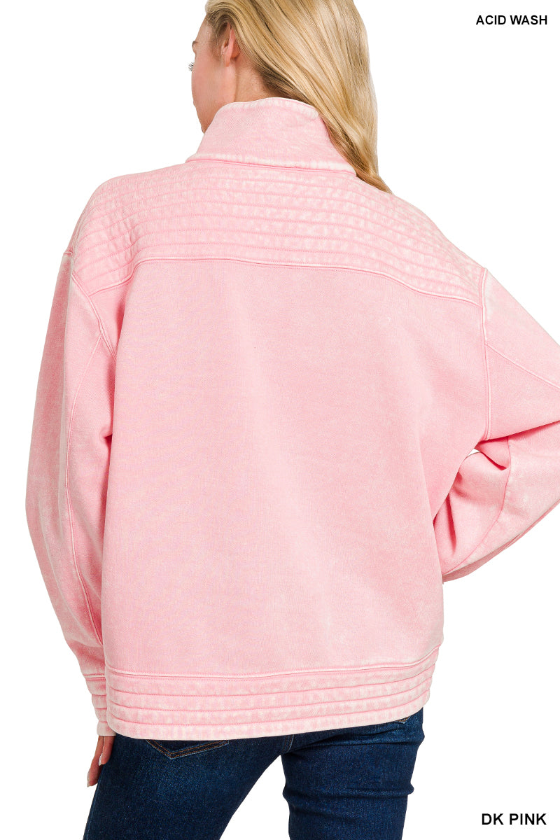 Washed Snap Button Fleece Sweatshirts in Pink