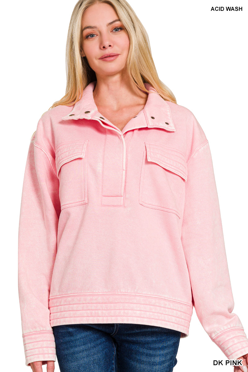 Washed Snap Button Fleece Sweatshirts in Pink