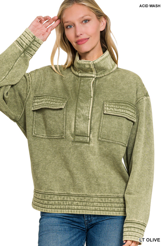 Washed Snap Button Fleece Sweatshirts in Olive