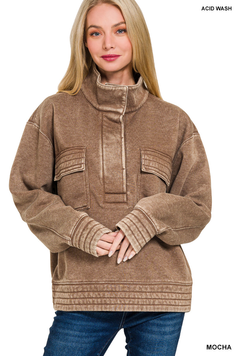 Washed Snap Button Fleece Sweatshirts in Mocha