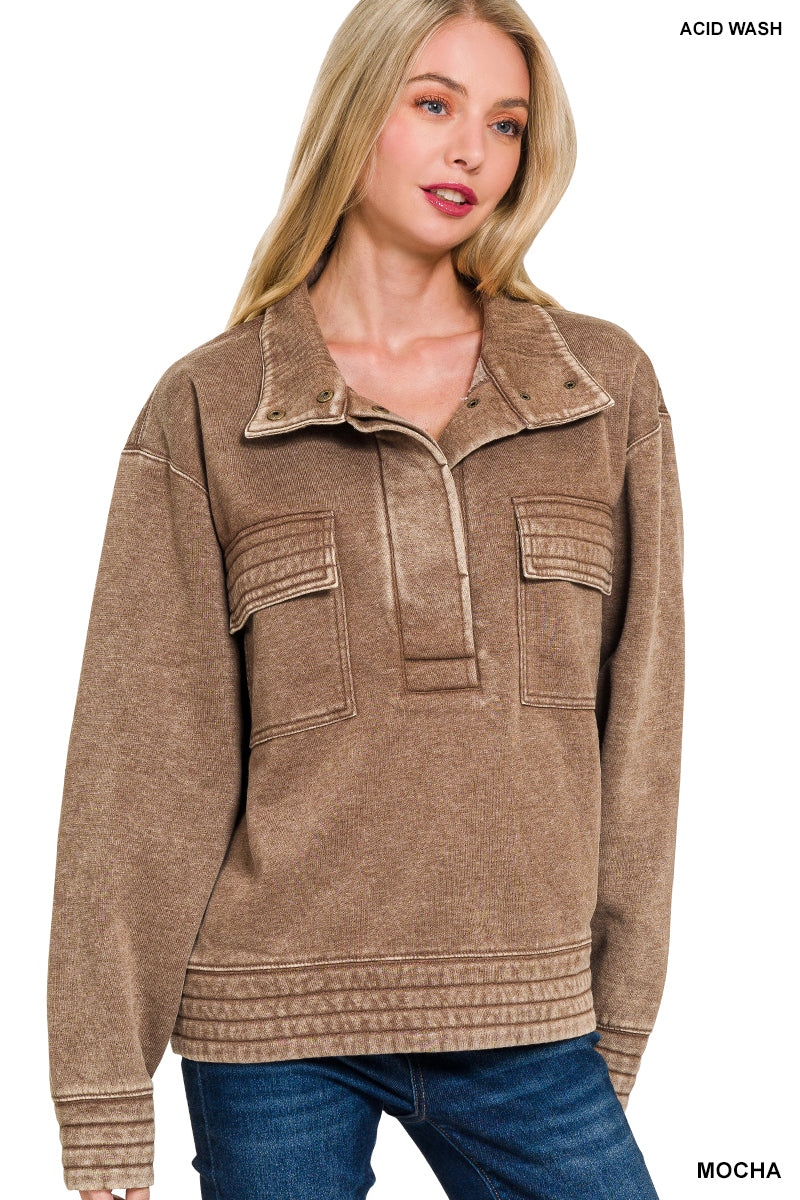 Washed Snap Button Fleece Sweatshirts in Mocha