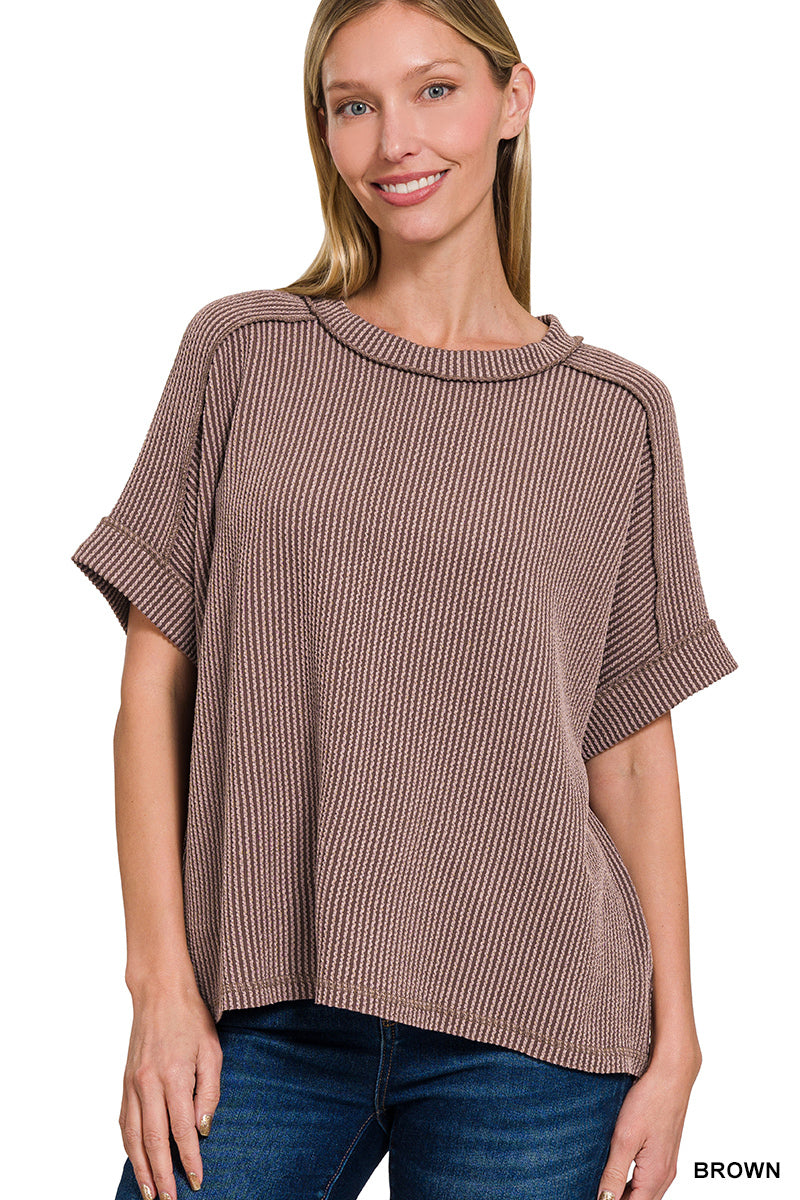 Corded Cuff Sleeve Raw Edge Top in Brown