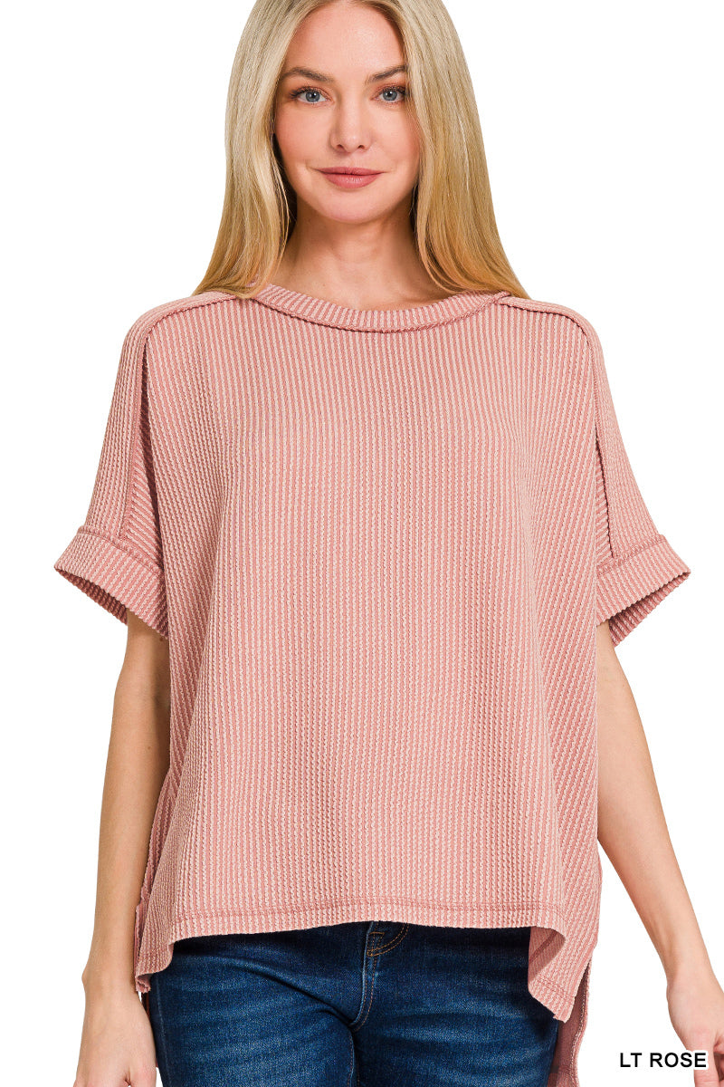 Corded Cuff Sleeve Raw Edge Top in Light Rose