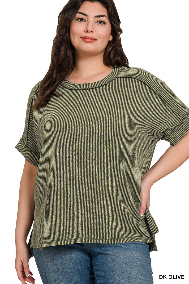 Curvy Corded Cuff Sleeve Raw Edge Top in Dark Olive