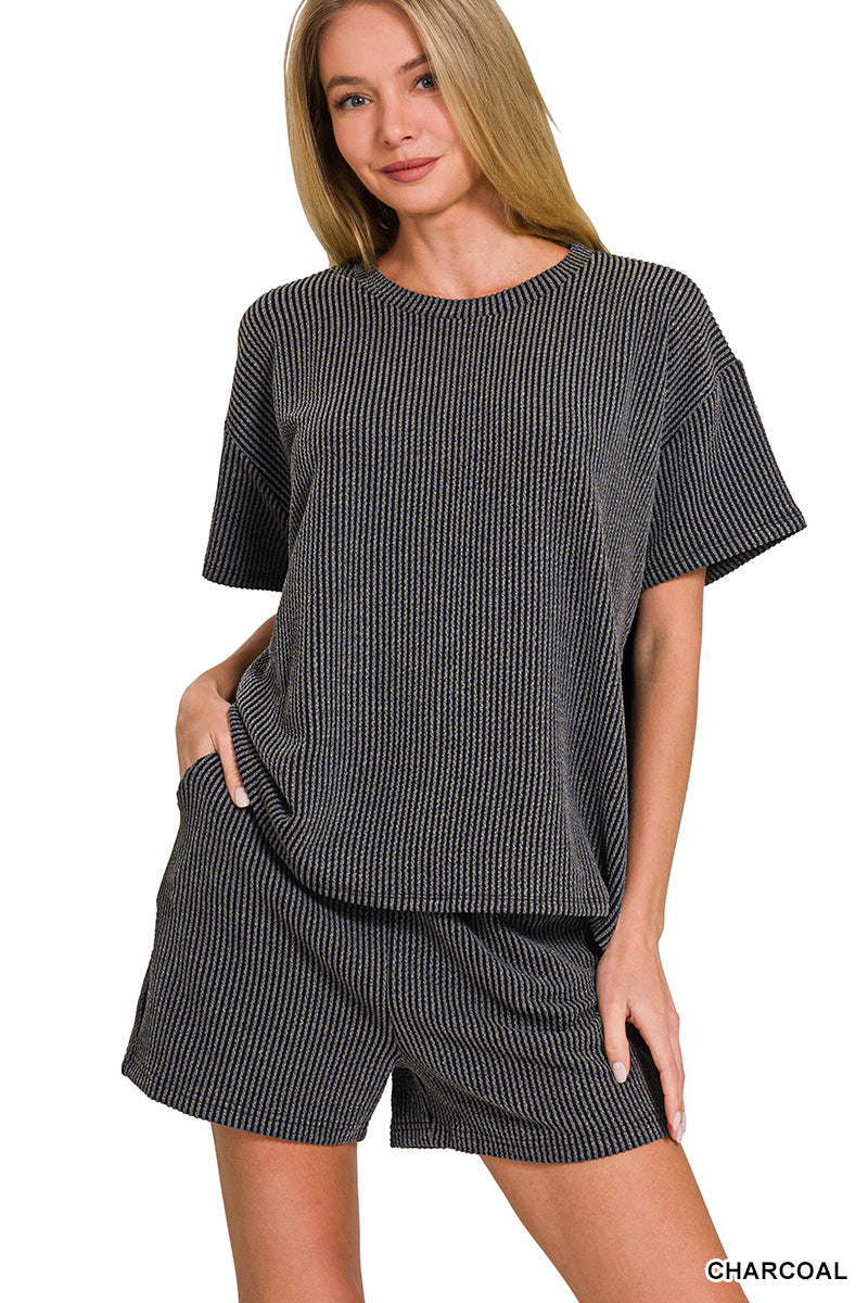 Ribbed Short Sleeve Set in Charcoal Grey