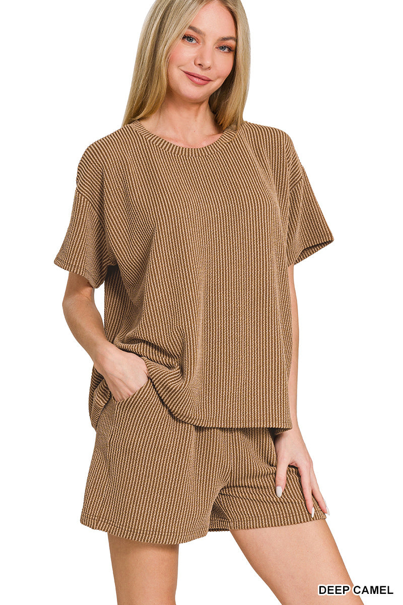 Ribbed Short Sleeve Set in Camel