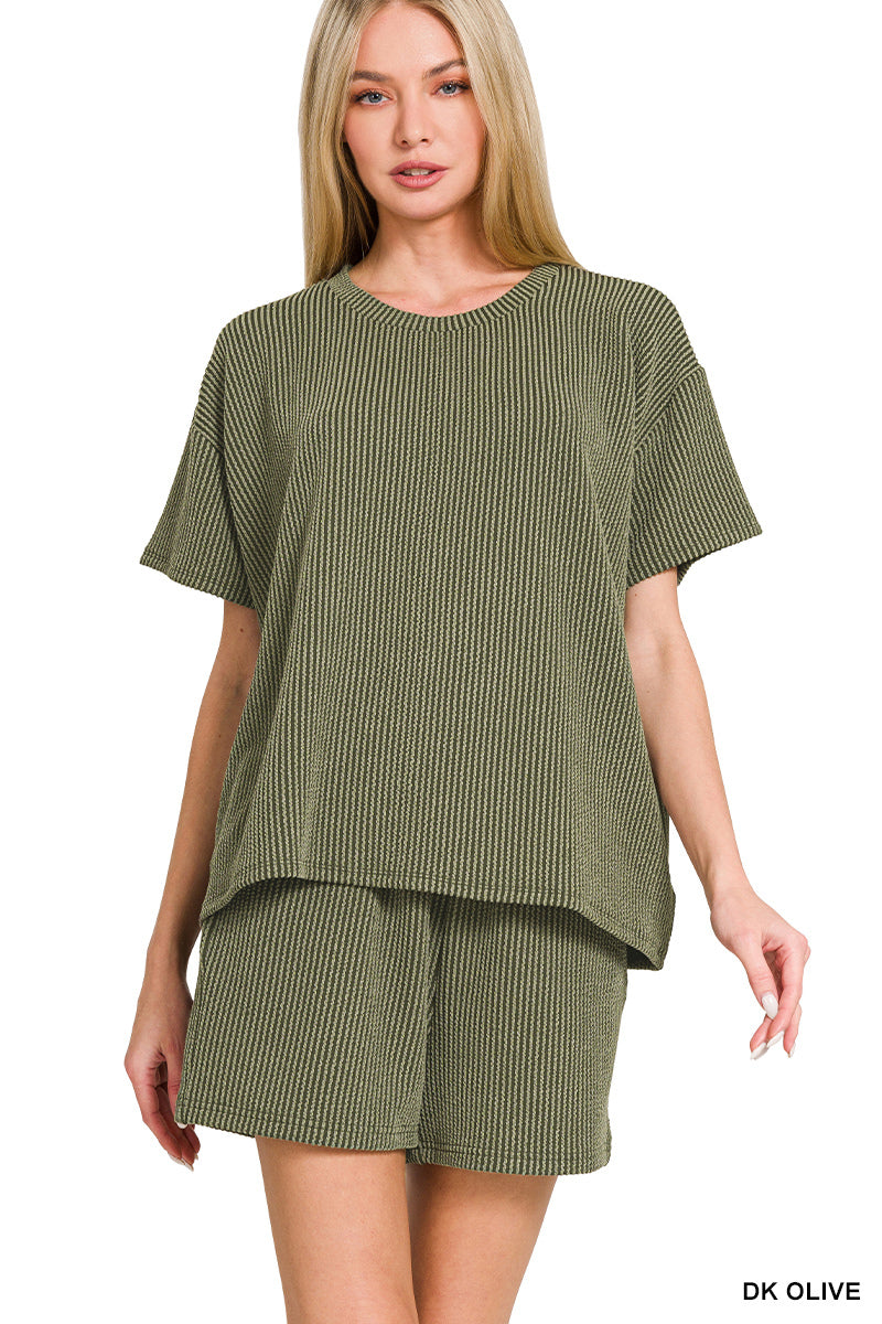 Ribbed Short Sleeve Set in Olive