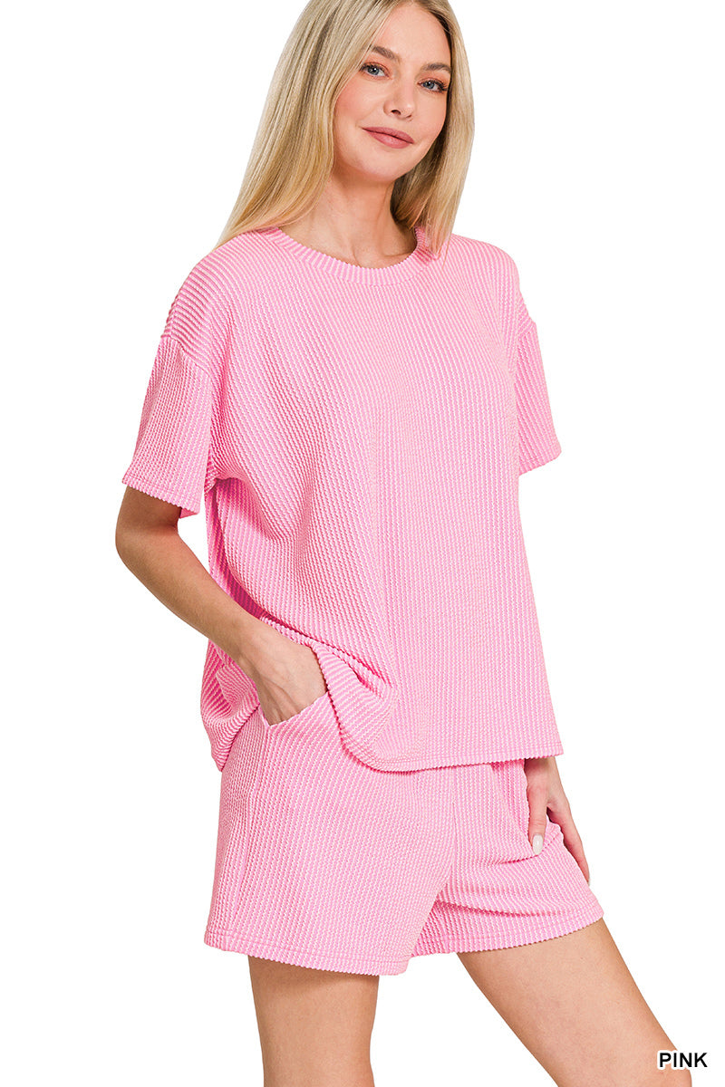 Ribbed Short Sleeve Set in Pink