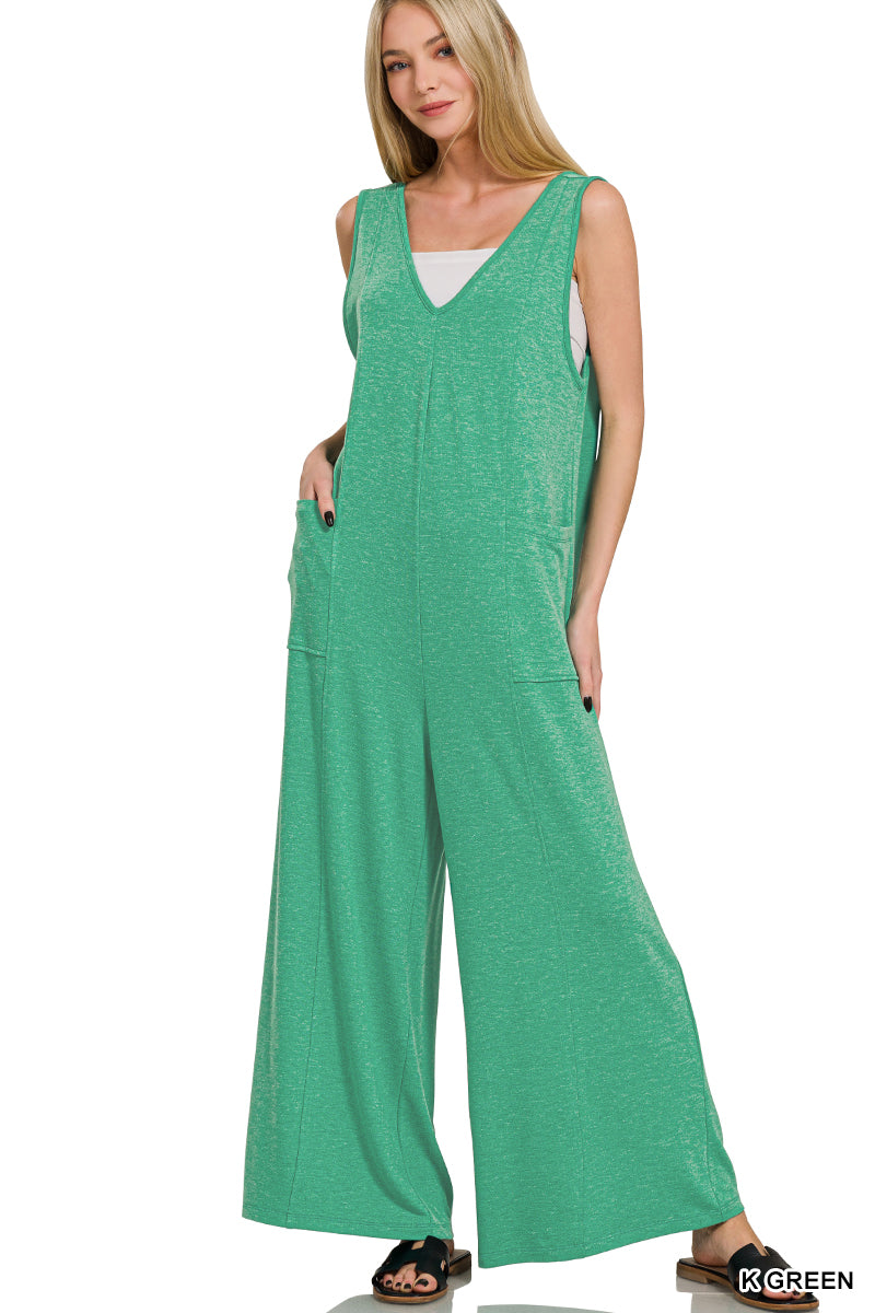 Kelly Green French Terry V-Neck Jumpsuit