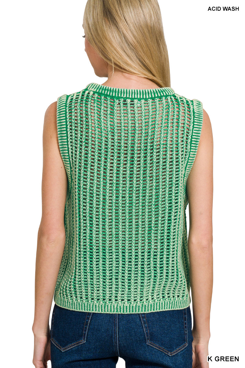 Acid Wash Fishnet Sweater Vest in Kelly Green