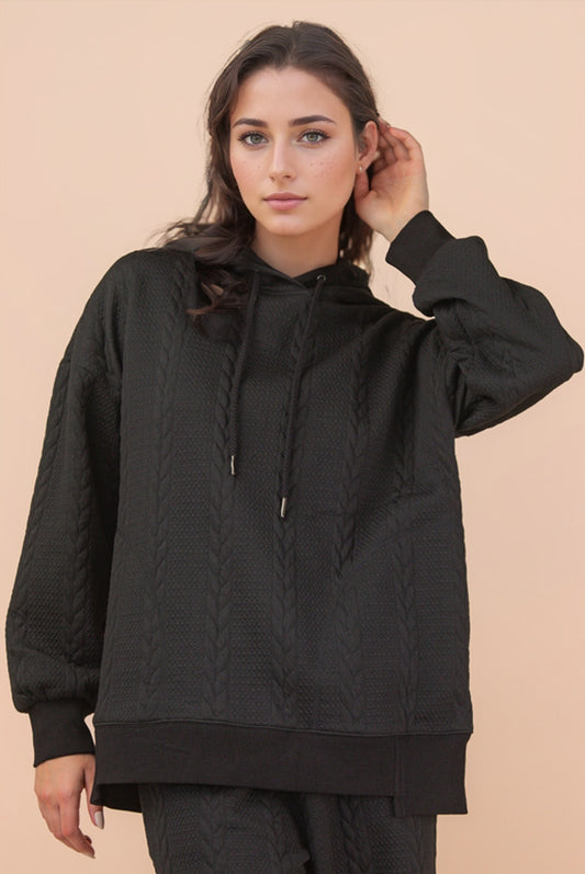 Oversized Cable Knit Hoodie Top in Black