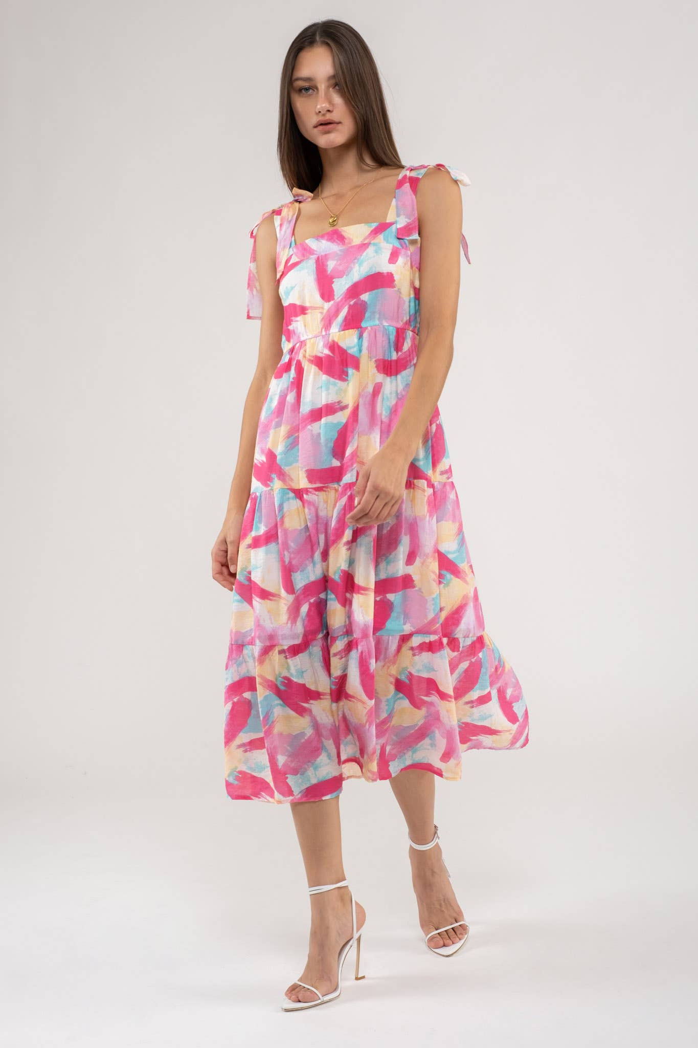 Pink Brush Stroke Print Tiered Midi Dress