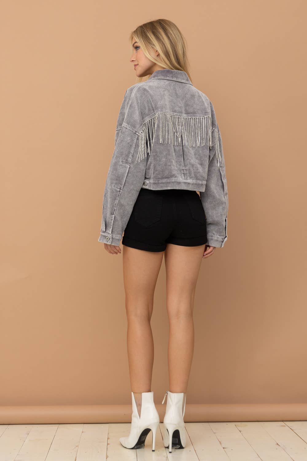 Washed Corduroy Oversized Rhinestone Fringe Jacket