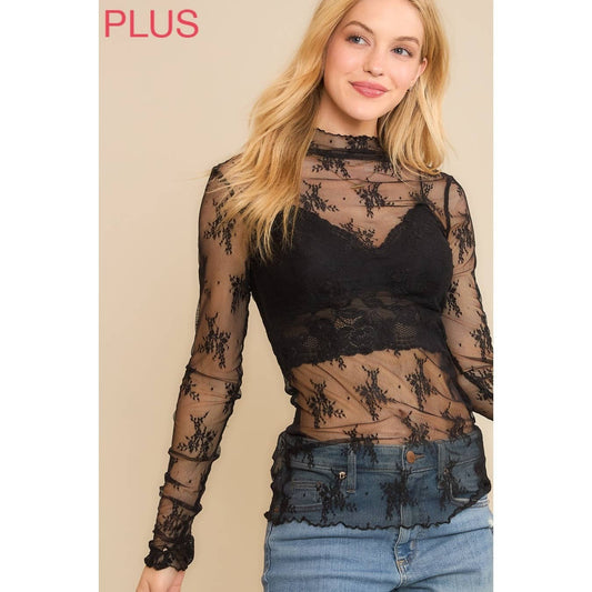 Curvy Size Mesh Lace Top in Black