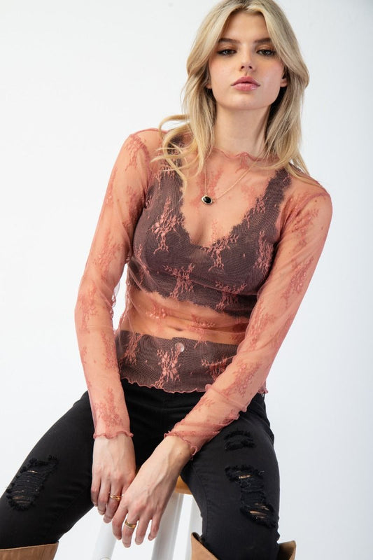 Lace Mock Neck Long Sleeve in Mauve